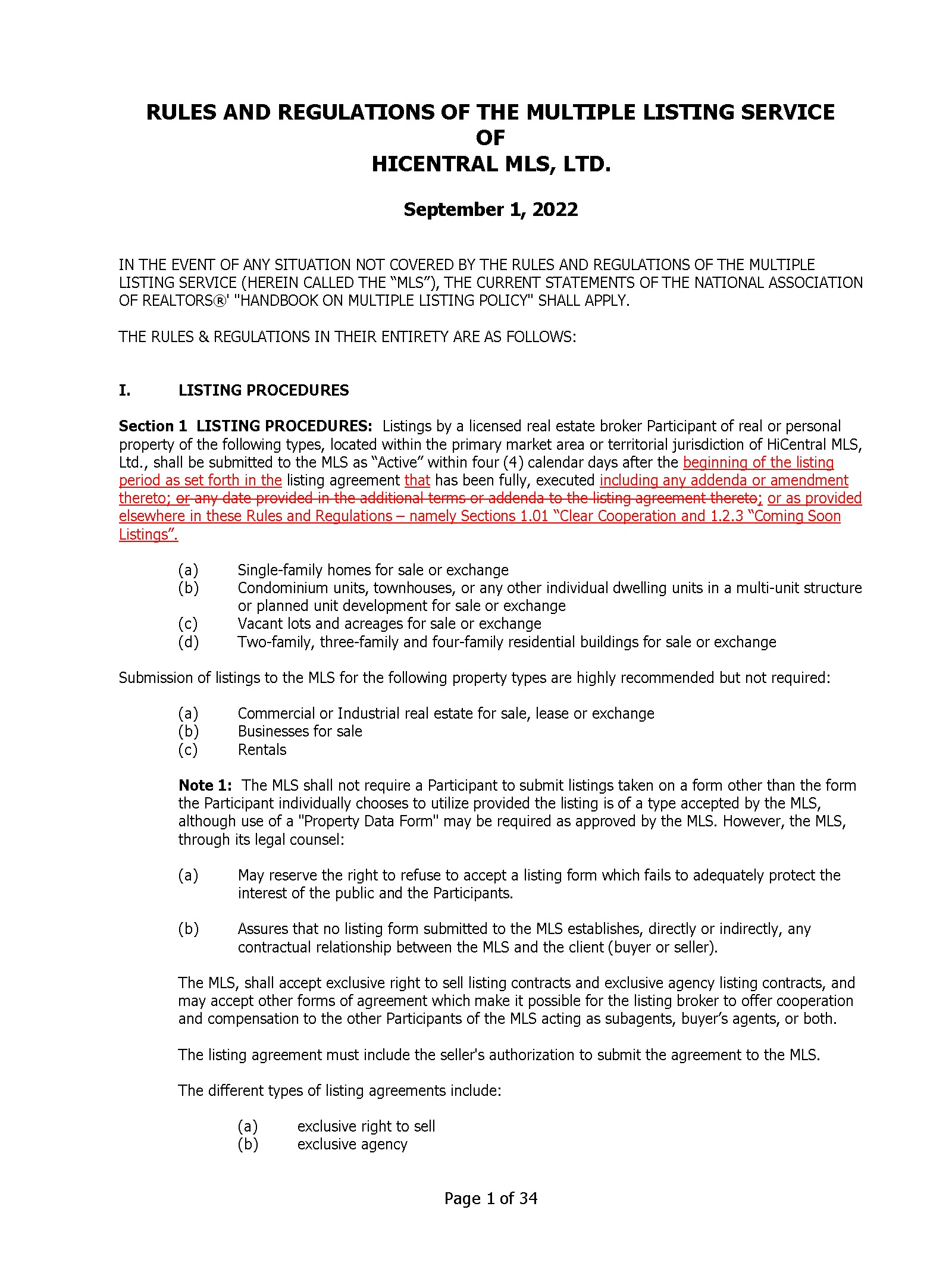 MLS Rules & Regulations Rev 9/1/2022 (redline copy) HiCentral MLS